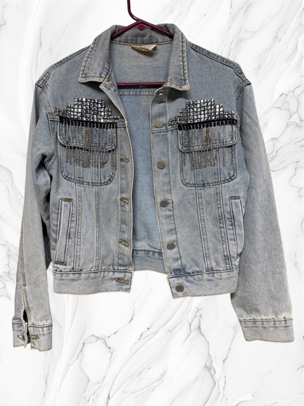 Sadie & love Embellished Light Wash Denim Jacket studded sparkle Fringe small